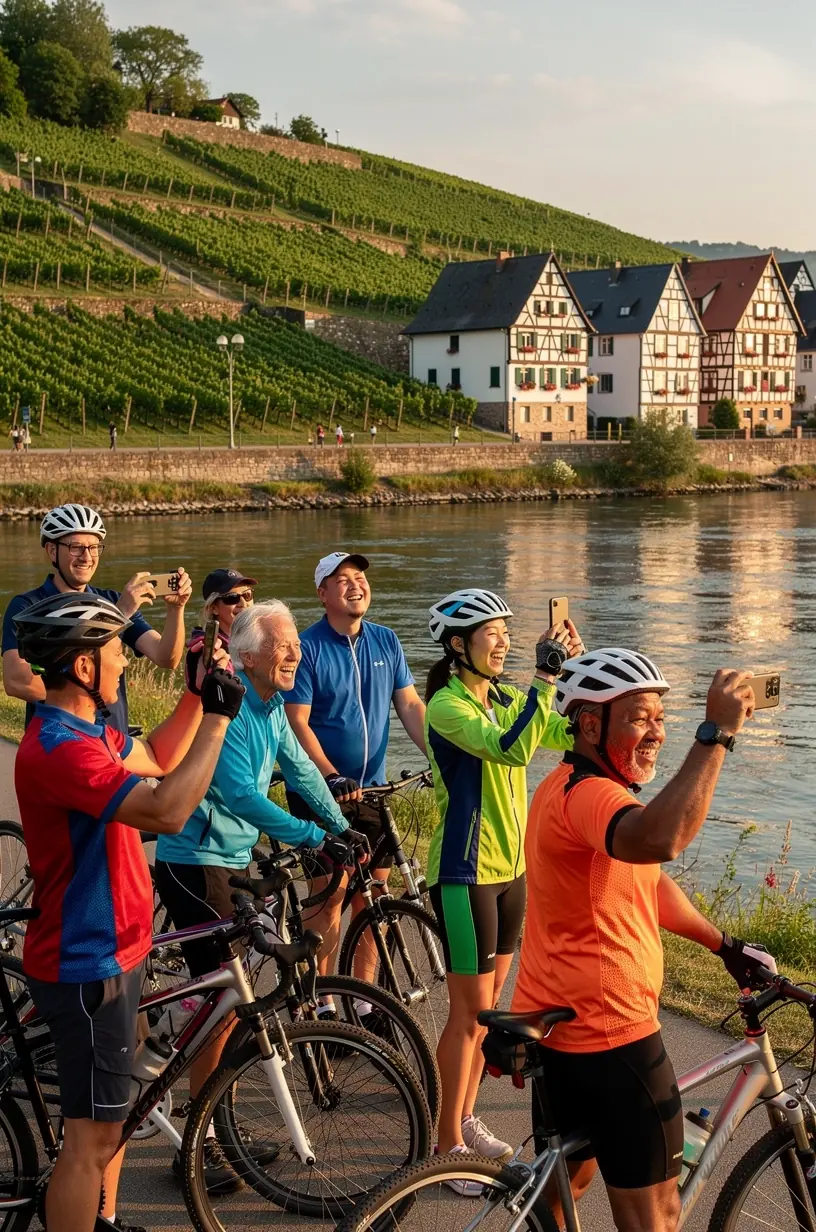 Koffer und Fahrradtaschen werden von einem professionellen Gepäcktransferdienst am Flussufer abgeladen.