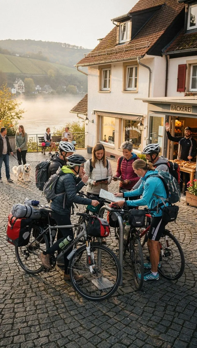 Familie mit Fahrrädern bereitet sich an einem Rastplatz mit Informationsschild über die Route vor.