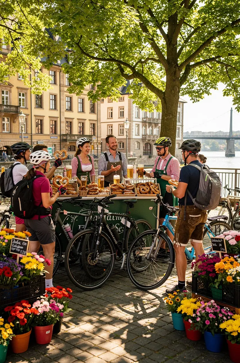 Fahrradfahrer fahren auf einem asphaltierten Weg vorbei an historischen Burgen und malerischen Weinbergen am Rhein.